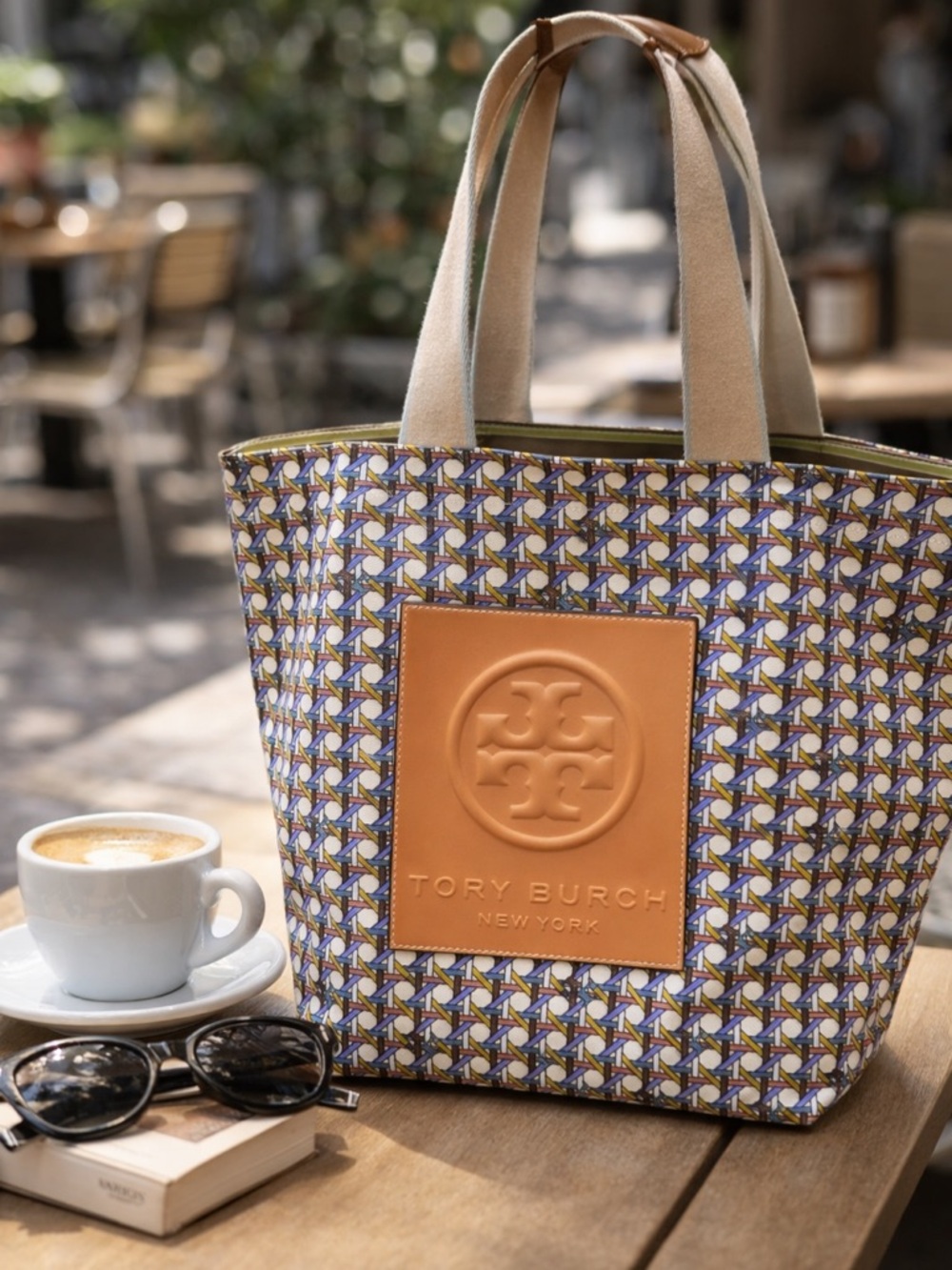 Tory Burch Multicolor Patterned Tote with Peach Logo Patch and Tan Straps